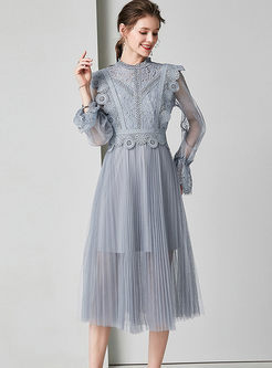Standing Collar Lace Openwork A Line Dress