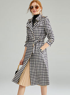 Notched Long Sleeve Plaid Trench Coat
