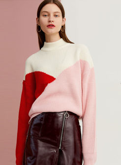 Turtleneck Color-blocked Pullover Loose Sweater