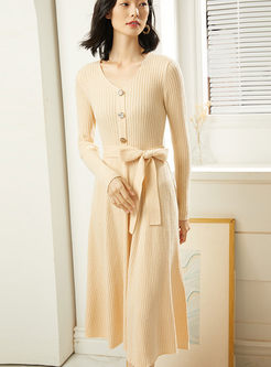 Solid Color V-neck A Line Sweater Dress