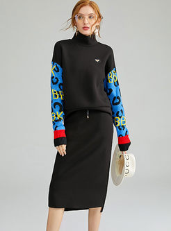 Turtleneck Letter Print Sweater & Slim Skirt