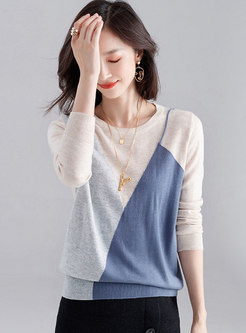 O-neck Color-blocked Loose Pullover Sweater