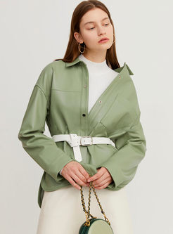 Green Lapel Single-breasted Leather Jacket