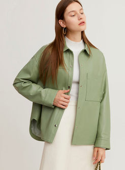 Green Lapel Single-breasted Leather Jacket