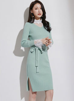 Sweet Lace Patchwork Slim Sweater Dress