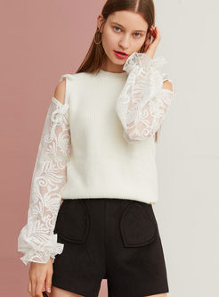 White Off Shoulder Patchwork Pullover Sweater