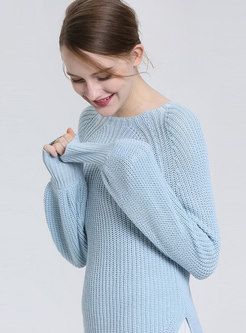 Brief O-neck Lantern Sleeve Pullover Sweater