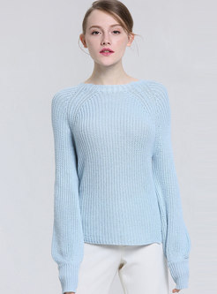 Brief O-neck Lantern Sleeve Pullover Sweater