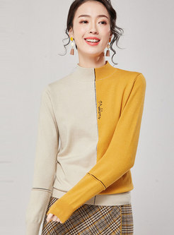Casual Stand Collar Color-blocked Pullover Sweater