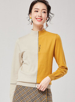 Casual Stand Collar Color-blocked Pullover Sweater
