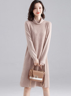 High Collar Pleated Loose Sweater Dress