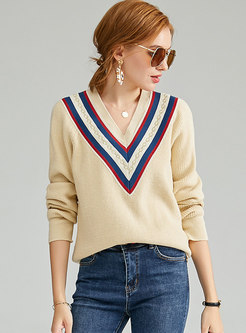 V-neck Color-blocked Loose Pullover Sweater 