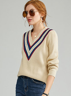 V-neck Color-blocked Loose Pullover Sweater 