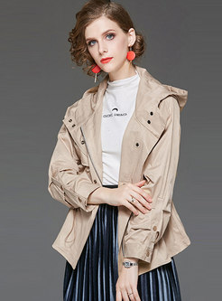 Casual Waist Hooded Coat With Drawcord