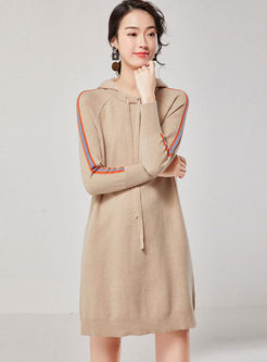 Color-blocked Hooded Loose Sweater Dress