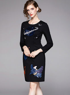 O-neck Long Sleeve Sequin Embroidered Dress