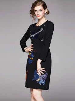 O-neck Long Sleeve Sequin Embroidered Dress