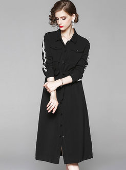 Black Lapel Long Sleeve A Line Shirt Dress