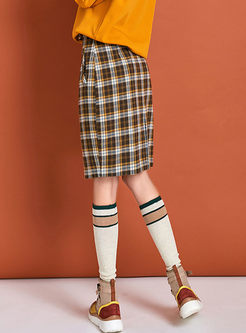 High Waisted Plaid Bodycon Slit Skirt
