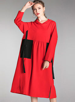 Color-blocked Hooded Slit Loose Dress