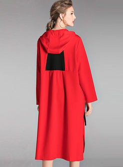 Color-blocked Hooded Slit Loose Dress