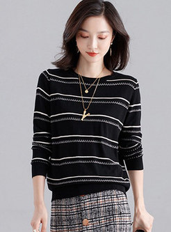 Striped Color-blocked Pullover Loose Sweater 