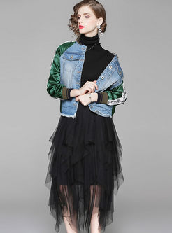 Denim Patchwork Jacket & Mesh Asymmetric Skirt