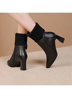 High Heel Bowknot Leather Patchwork Knit Boots 