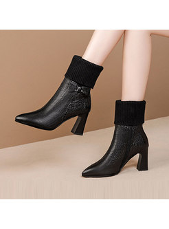 High Heel Bowknot Leather Patchwork Knit Boots 