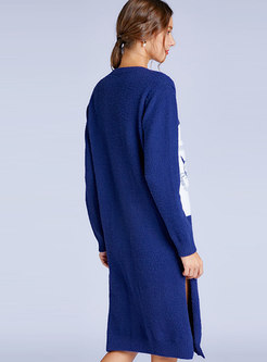 Patchwork Color-blocked Embroidered Split Straight Sweater Dress 