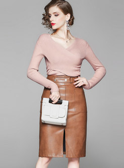 Slim Knit Top & Leather Bodycon Skirt