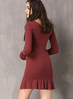 Solid Color V-neck Bodycon Sweater Dress