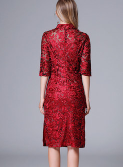 Mandarin Collar Embroidered Lace Mesh Openwork Dress