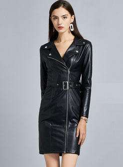 Black Long Sleeve Slim Leather Bodycon Dress