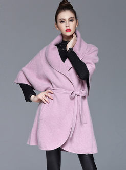 Pink Lapel Cloak Sleeve Wool Blended Coat