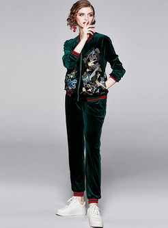 Casual V-neck Velvet Embroidered Pants Suit
