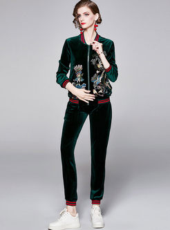 Casual V-neck Velvet Embroidered Pants Suit
