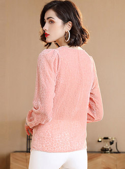 Pink V-neck Single-breasted Pullover Blouse