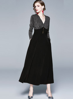 Elegant V-neck Patchwork High Waisted Maxi Dress