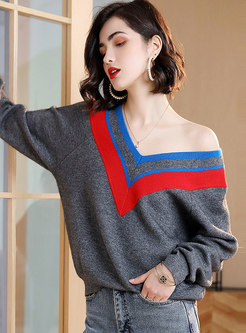 V-neck Color-blocked Loose Pullover Sweater