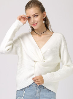 Solid Color V-neck Kink Loose Sweater
