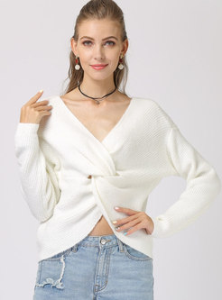 Solid Color V-neck Kink Loose Sweater