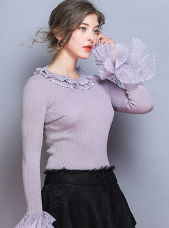 Flare Sleeve Patchwork Bright Silk Sweater
