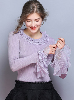 Flare Sleeve Patchwork Bright Silk Sweater
