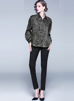 Turn Down Collar Leopard Single-breasted Blouse