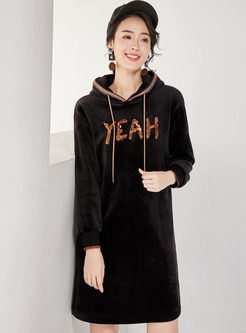 Casual Hooded Letter Sequin Loose Dress