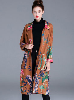 Notched Suede Long Embroidered Trench Coat