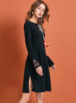 Black Long Sleeve Drawcord Skater Dress