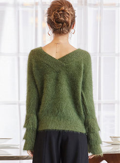 V-neck Flare Sleeve Pullover Short Sweater