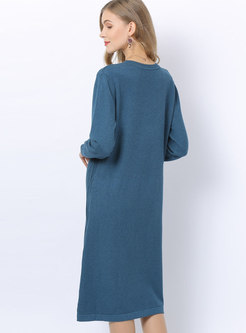 Solid Color O-neck Shift Sweater Dress